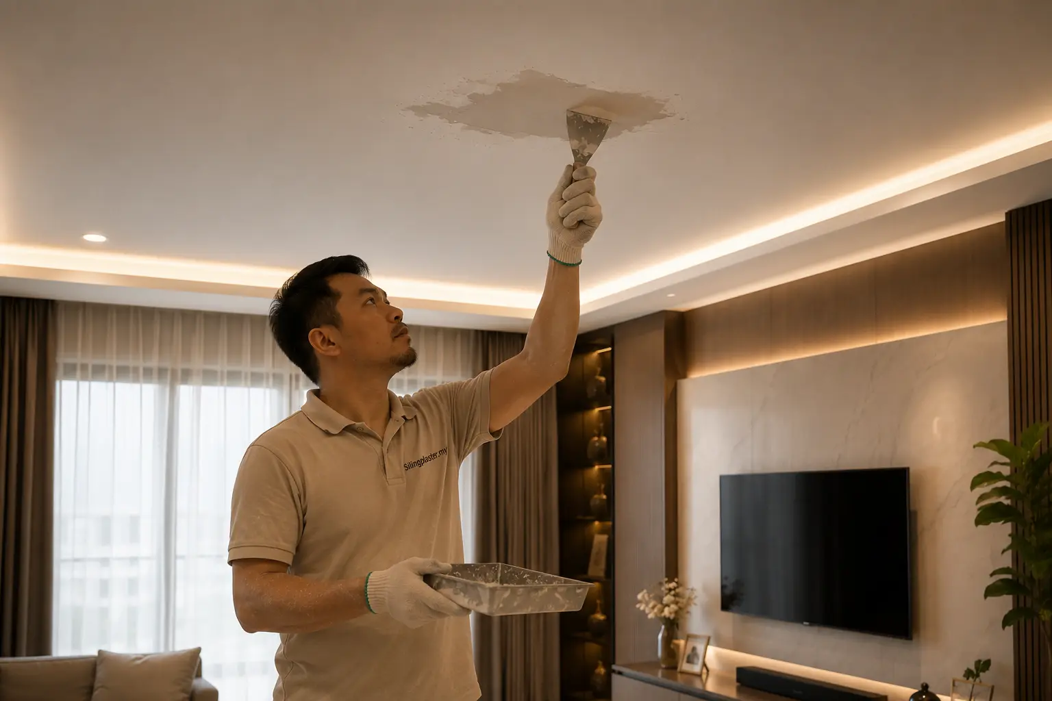 Professional Malaysian technician repairing a cracked plaster ceiling in a modern living room with smooth gypsum ceiling finishing in Kuala Lumpur.