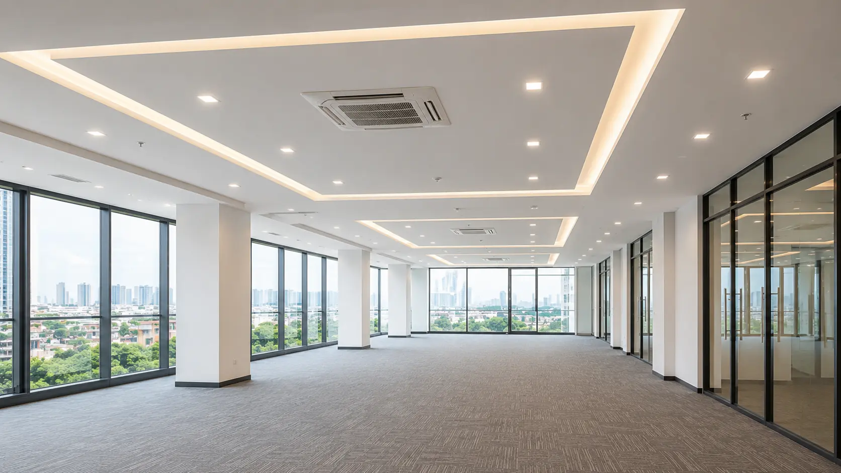 Modern commercial office with premium plaster ceiling installation, recessed LED lighting and gypsum false ceiling in Kuala Lumpur.
