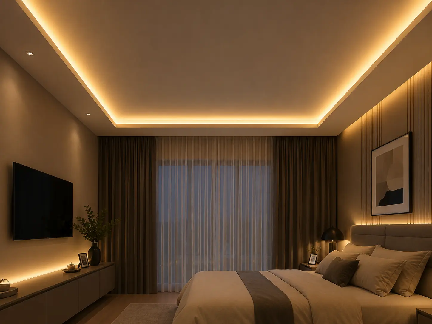 Modern plaster ceiling with warm LED cove lighting in a luxury bedroom in Kuala Lumpur.