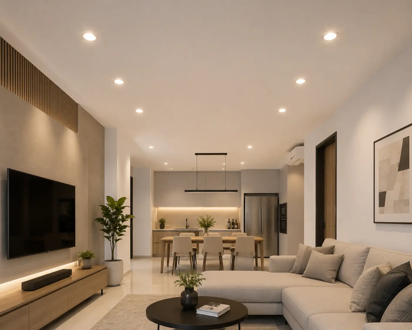 Modern plaster ceiling with recessed LED downlights installed in a contemporary living room in Kuala Lumpur.