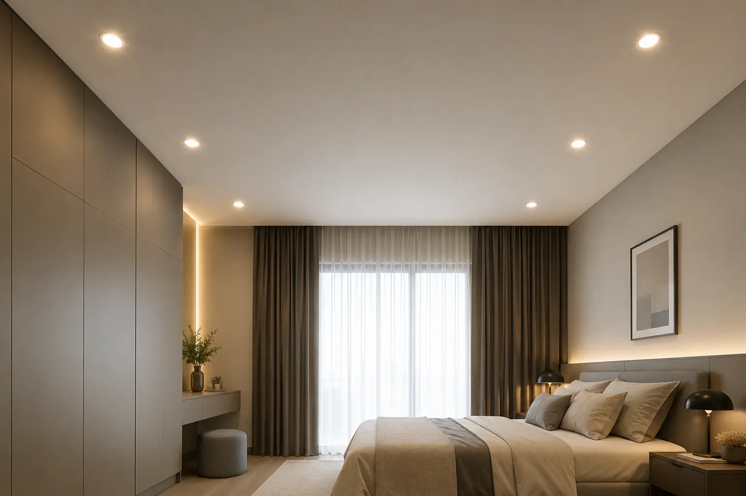 Modern flat plaster ceiling with recessed LED downlights in a minimalist bedroom in Kuala Lumpur.
