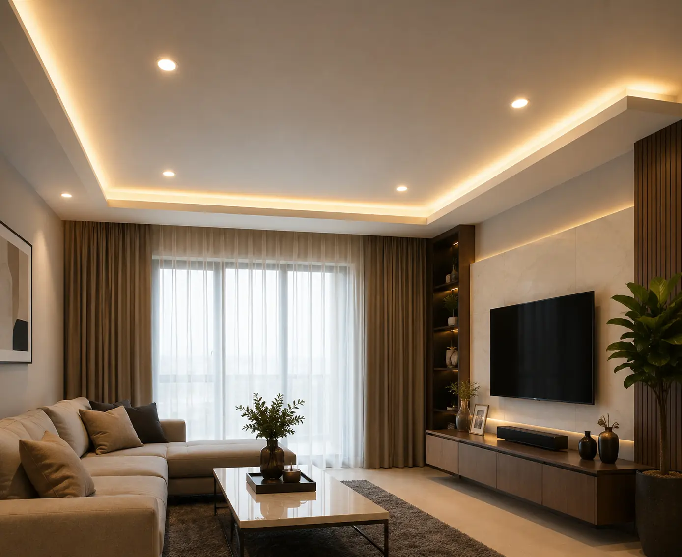 Modern L-box plaster ceiling with warm LED cove lighting and recessed downlights in a Kuala Lumpur living room.
