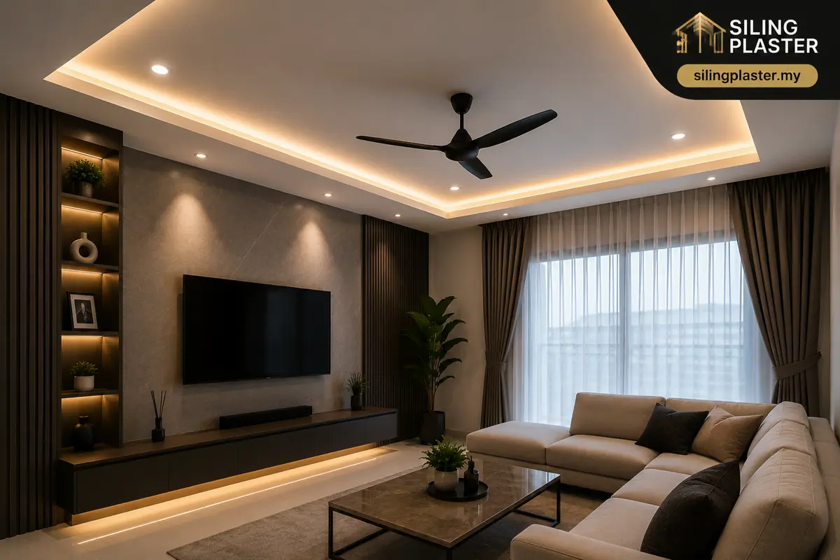 Modern L-Box LED plaster ceiling installation in a living room at Shah Alam, Selangor